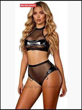 Sheer Mesh Patent Leather Halter Lingerie Set